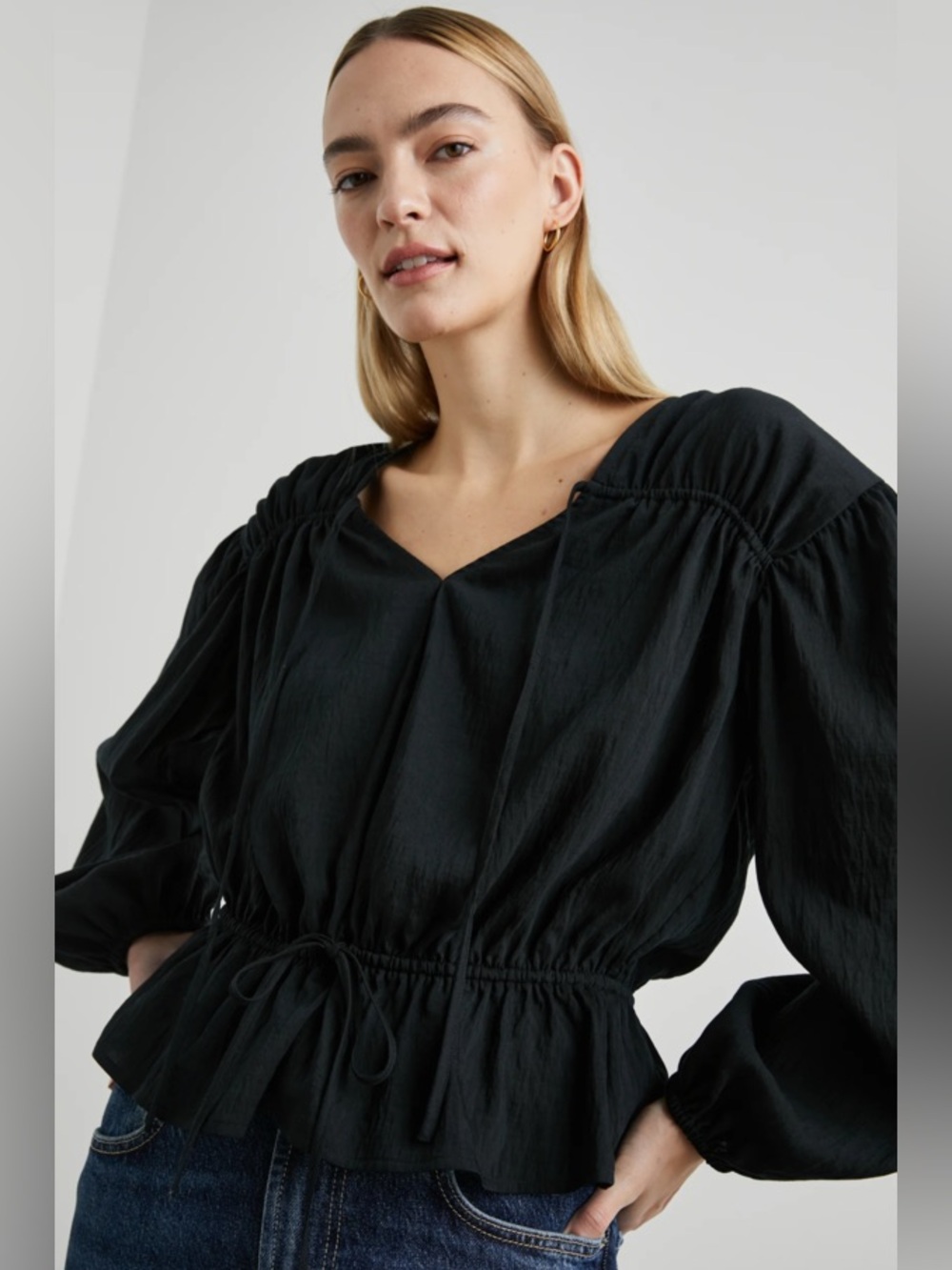 Rails Abra Black Drawstring Waist Peplum Blouse Top Small